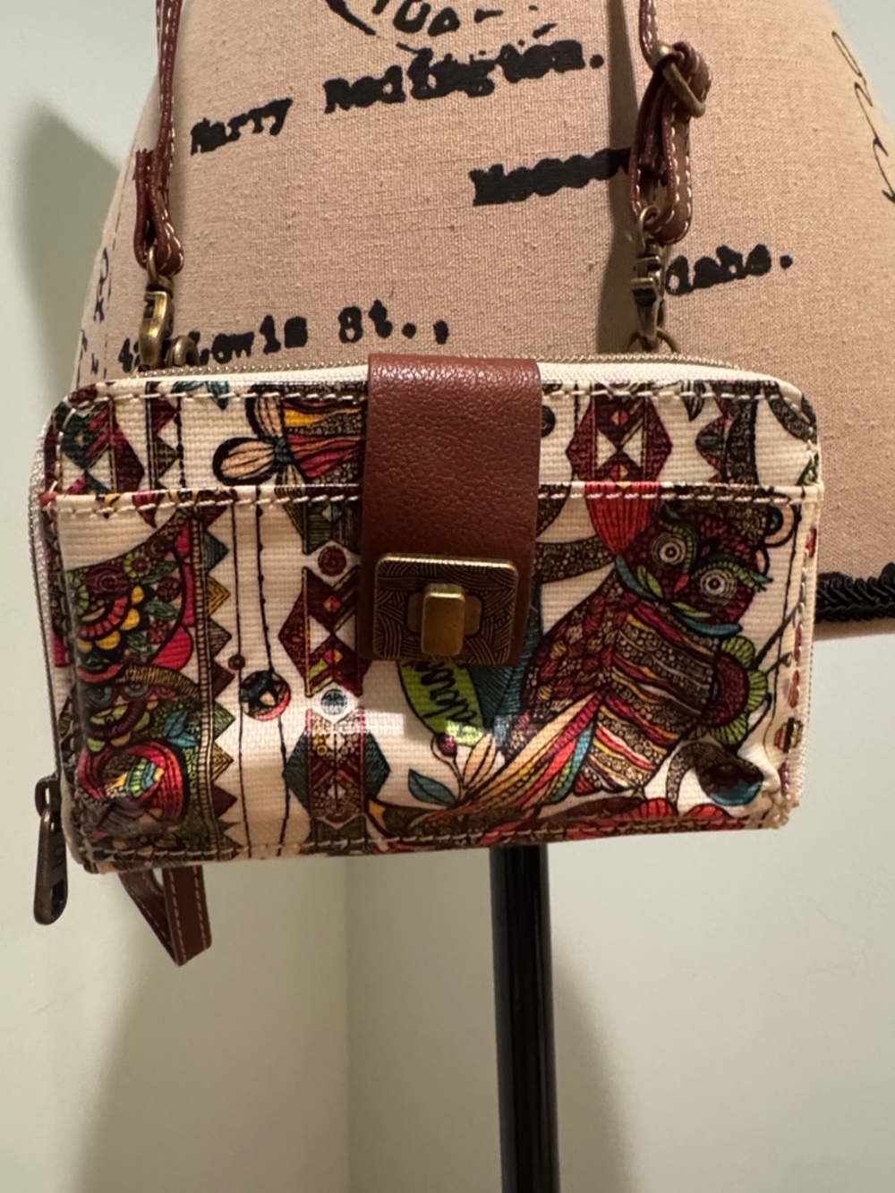 Sakroots Boho Multi-Color Owl Crossbody wallet with Brown Trim
